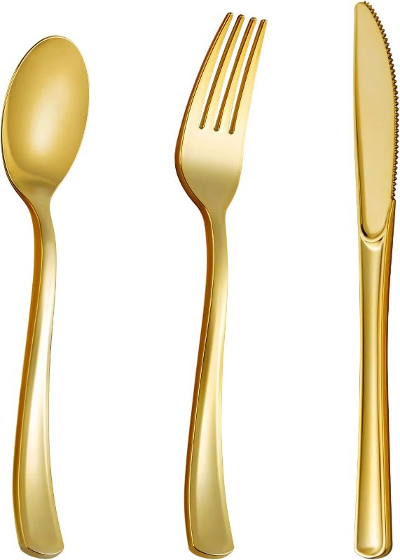 Photo 1 of 300PCS Gold Plastic Silverware, Heavy Duty Gold Silverware Disposable, Plastic Gold Dinnerware Set of 100 Gold Forks, 100 Gold Spoons, 100 Gold Knives for Weddings, Parties Plastic Utensils