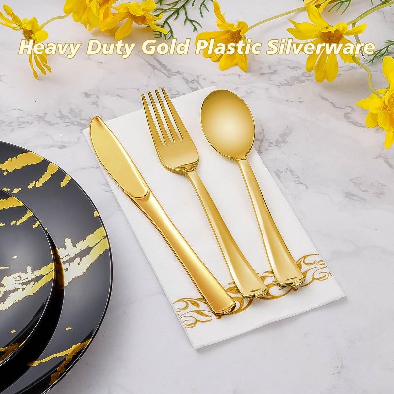 Photo 2 of 300PCS Gold Plastic Silverware, Heavy Duty Gold Silverware Disposable, Plastic Gold Dinnerware Set of 100 Gold Forks, 100 Gold Spoons, 100 Gold Knives for Weddings, Parties Plastic Utensils