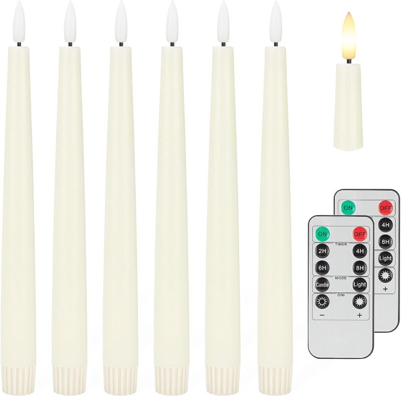 Photo 1 of Flameless Taper Candles with 3D Wick, 9.6" Real Wax LED Candles with 2 Remote and Timer, 6 Pack Flickering Candlesticks Battery Operated, Classic Tall Taper Candles for Home, Wedding, Party, Ivory