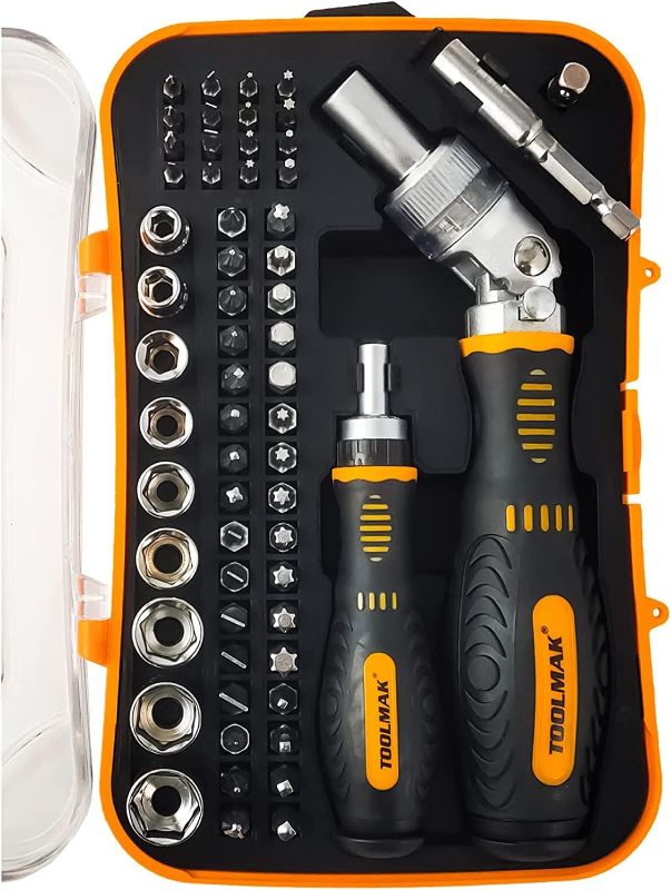 Photo 1 of Ratcheting Screwdriver Set TOOLMAK 61pcs Socket Set & Magnetic Screwdriver Bit Set with Rotatable Ratchet Handles ? Storage Case, Household Repair Tool Kits for Bike