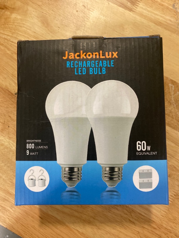 Photo 2 of Rechargeable Emergency LED Bulb JackonLux Multi-Function Battery Backup Emergency Light for Power Outage Camping Outdoor Activity Hurricane 9W 800LM 60W Equivalent Daylight 5000K E26 120 Volt 2 Pack