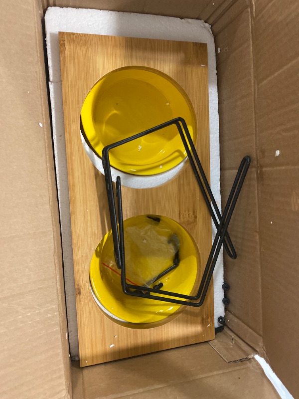 Photo 1 of Bamboo Riser With Yellow Cat Bowls