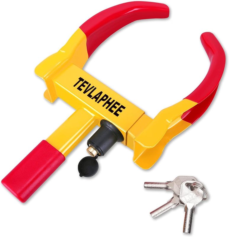 Photo 1 of Tevlaphee Universal Wheel Lock Heavy Duty Security Trailer Wheel Lock Tires Anti Theft for Car SUV Boat Motorcycle Golf Cart Great Deterrent Bright Color with 3 Keys (Red-Yellow)