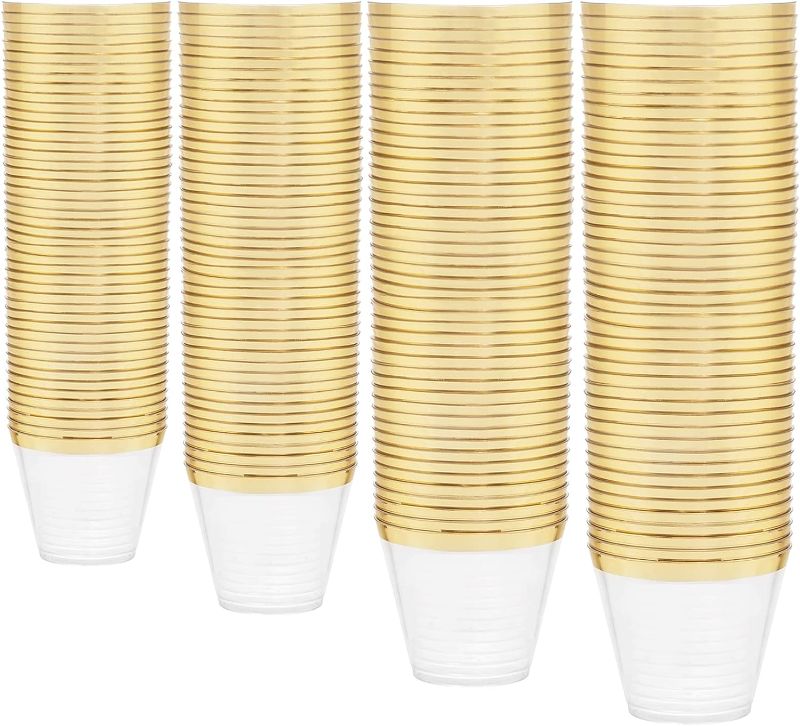 Photo 1 of 300 Pack Gold Plastic Cups - 9 oz Gold Cups Disposable, 9 Ounce Gold Rimmed Plastic Cups for Party, Baby Shower, Weddings, Christmas, New Years