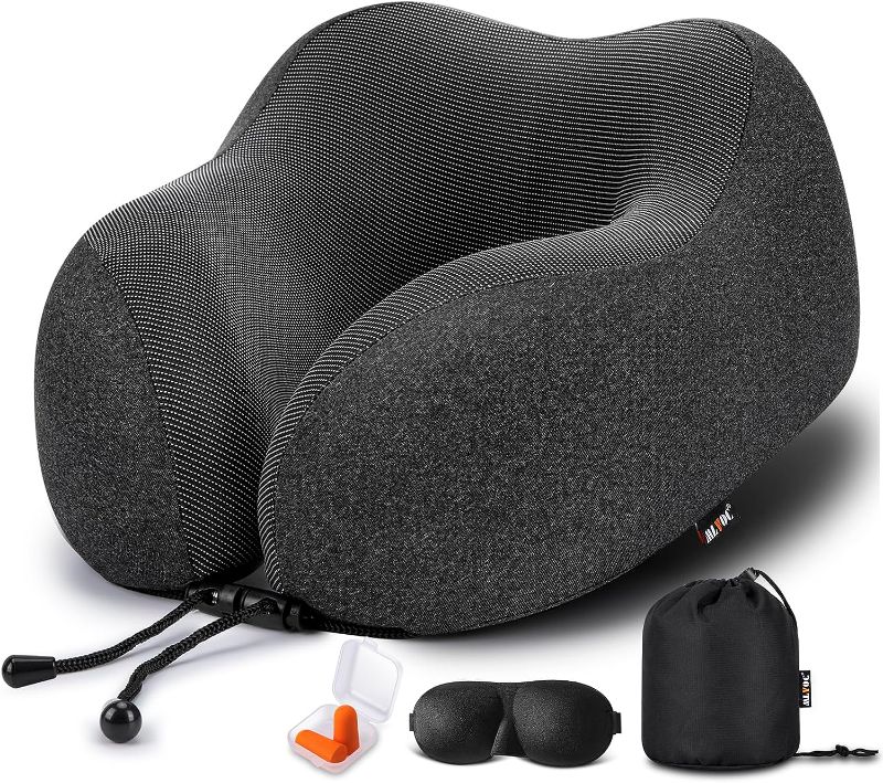 Photo 1 of MLVOC Travel Pillow 100% Pure Memory Foam Neck Pillow, Comfortable & Breathable Cover, Machine Washable, Airplane Travel Kit with 3D Contoured Eye Masks, Earplugs, and Luxury Bag, Standard (Black)