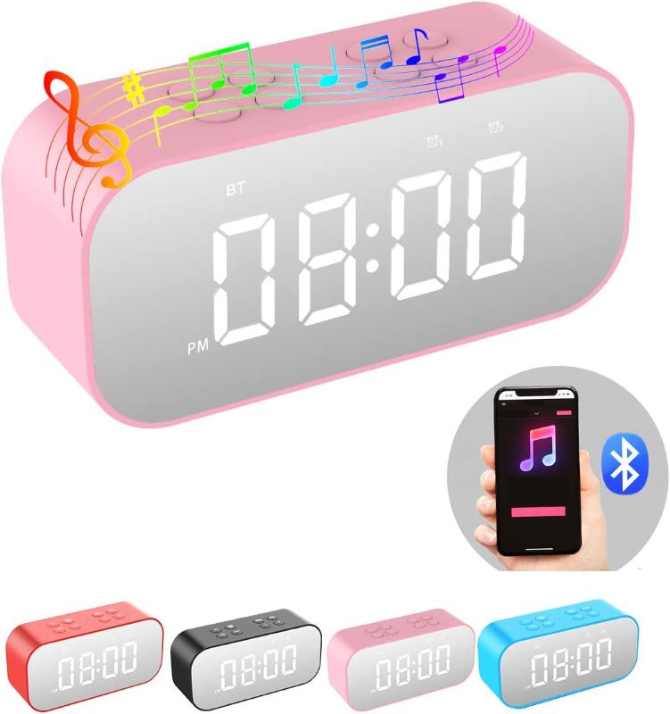 Photo 1 of (Pink) AFK Alarm Clock for Bedroom/Office,Small Digital Clock with Bluetooth Speaker,Desk Clock with Dual Alarms,Snooze,Mirror LED Display,Hands-Free Calling for Girls