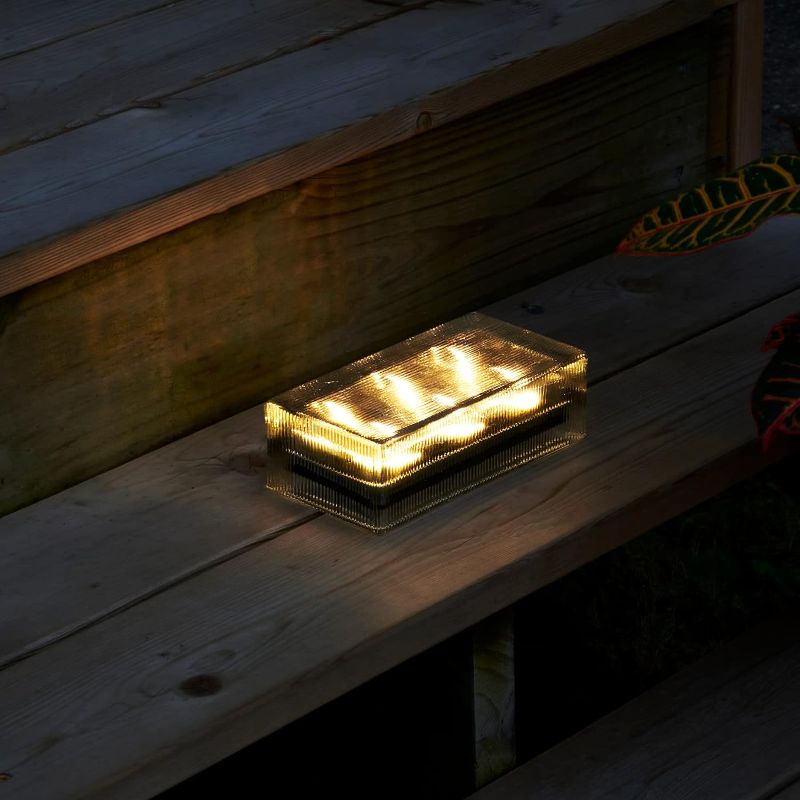 Photo 1 of Solar Brick Outdoor Light - 8x4 Large Glass Paver, Striped Texture, 6 Warm White LED Lights, Waterproof, Landscape Lighting, No Wires, Easy to Install - Rechargeable Battery Included