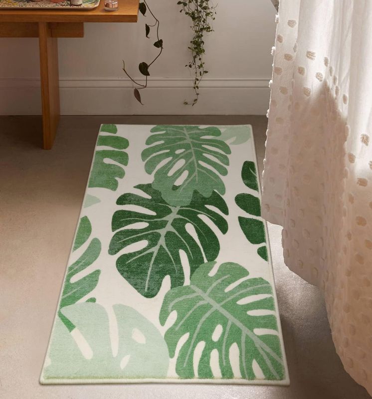 Photo 1 of Lukinbox Bath Rugs for Bathroom Non-Slip, Green Leaf Washable Bathroom Mat Rugs, Extra Soft Velvet Bath Mats Cute Laundry Room Rug for Living Room and Kitchen, 28"x47"