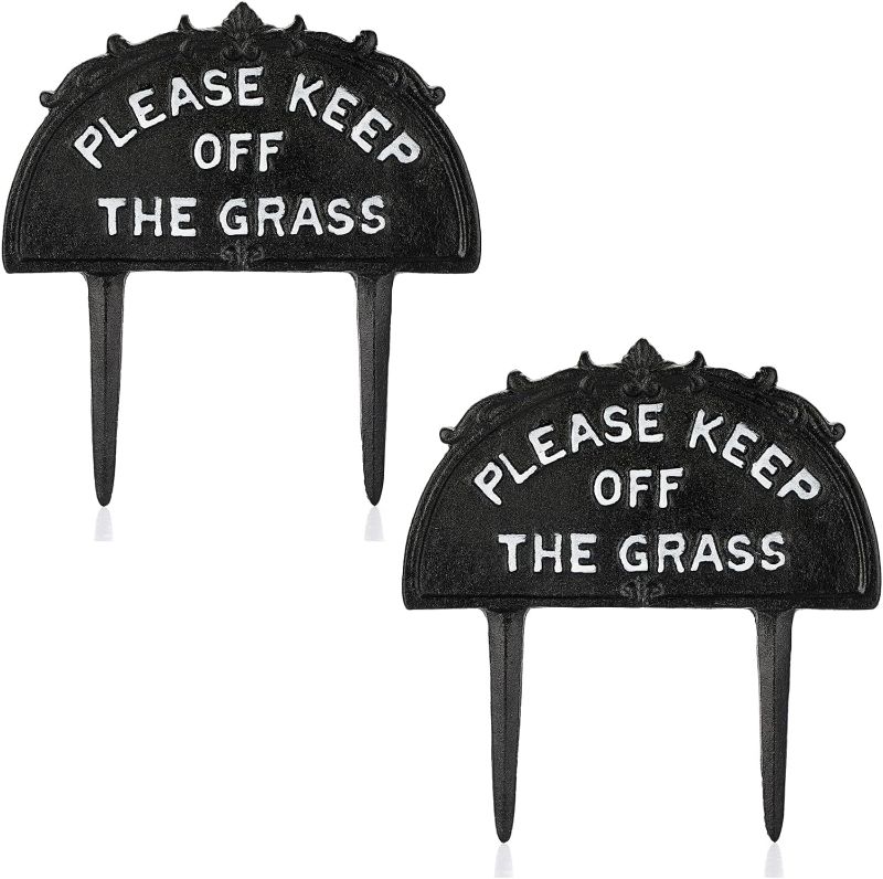 Photo 1 of JUXYES Pack of 2 Cast Iron Please Keep Off The Grass Yard Sign Stake, Grass Warning Sign Heavy Metal Grass Stay Off Sign Spike Garden Hose Guides Decorative Stake for Garden Lawn Yard
