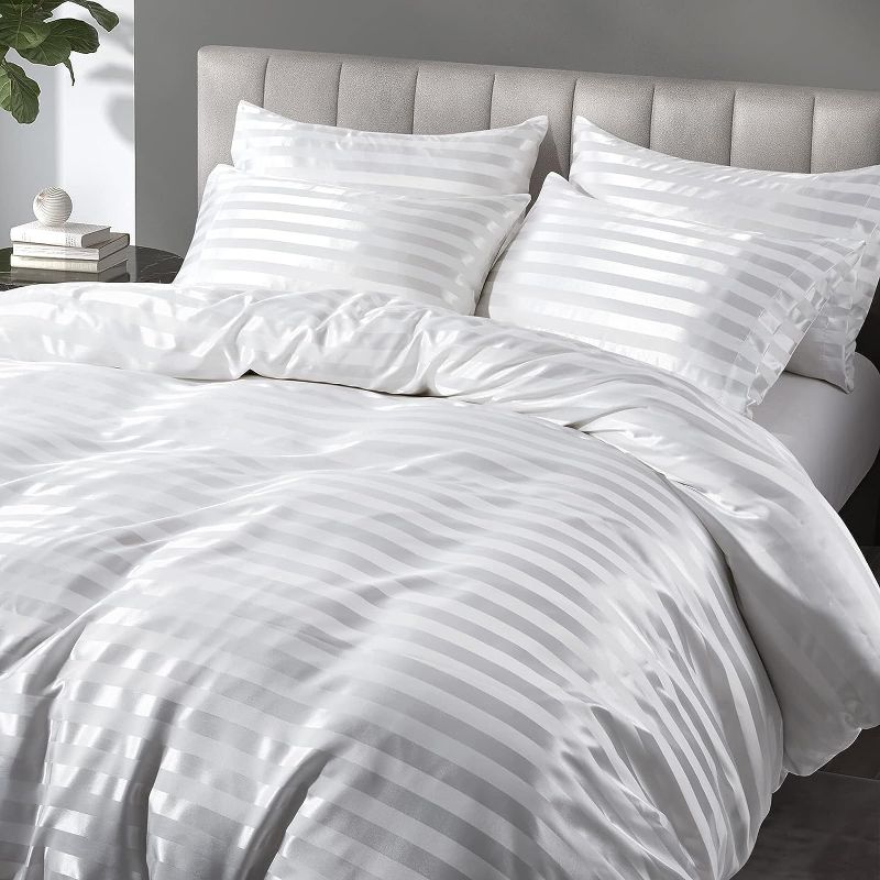 Photo 1 of P Pothuiny 5 Pieces Satin Striped Duvet Cover King Size Set, Luxury Silky Like Ivory White Stripe Duvet Cover Bedding Set with Zipper Closure, 1 Duvet Cover + 4 Pillow Cases (No Comforter)

