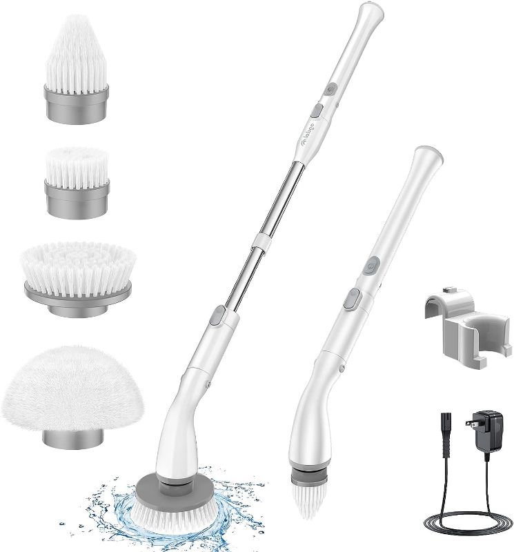Photo 1 of Electric Spin Scrubber LA1 Pro, Cordless Spin Scrubber with 4 Replaceable Brush Heads and Adjustable Extension Handle, Power Cleaning Brush for Bathroom Floor Tile (White)

