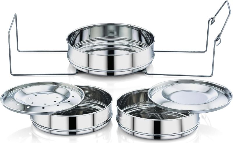 Photo 2 of EasyShopForEveryone Stainless Steel 3 Tier Stackable Insert Pans, Pot-in-Pot Baking Pans for Flan, Cheesecake, Layer Cake, Easy to Use Food Steamer - Compatible with 6 Qt Instant Pot
