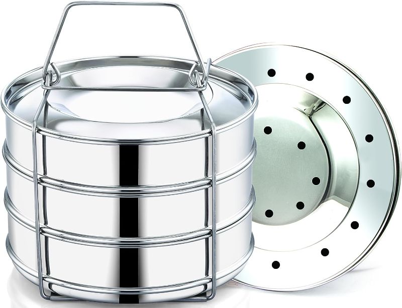 Photo 1 of EasyShopForEveryone Stainless Steel 3 Tier Stackable Insert Pans, Pot-in-Pot Baking Pans for Flan, Cheesecake, Layer Cake, Easy to Use Food Steamer - Compatible with 6 Qt Instant Pot
