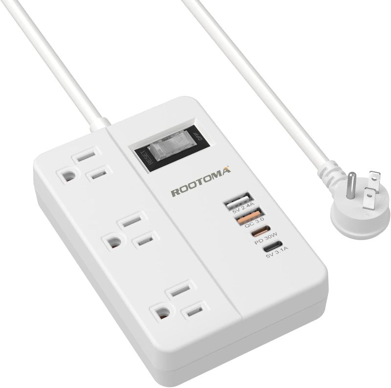 Photo 1 of ROOTOMA PD 30W USB C Surge Protector Power Strip, Fast Charging Station 2 USB A & 2 USB C, 3 AC Outlets, 5ft Extension Cord with Switch 7-in-1 Desk Power Strip for for Home Office Dorm Room Essentials
