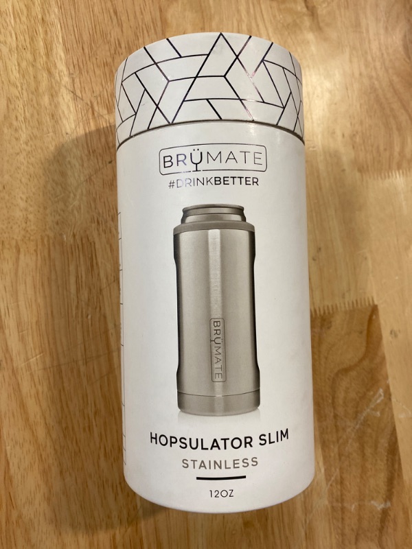 Photo 2 of BrüMate Hopsulator Slim Can Cooler Insulated for 12oz Slim Cans | Skinny Can Coozie Insulated Stainless Steel Drink Holder for Hard Seltzer, Beer, Soda, and Energy Drinks (Stainless)
