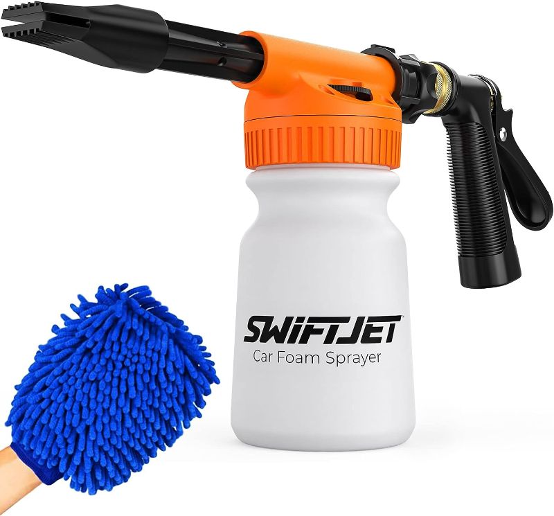 Photo 1 of SwiftJet Car Wash Foam Gun + Microfiber Wash Mitt - Car Foam Sprayer - Foam Cannon Garden Hose - Spray Foam Gun Cleaner - Car Wash Kit - Car Accessories for Men - Snow Foam Blaster