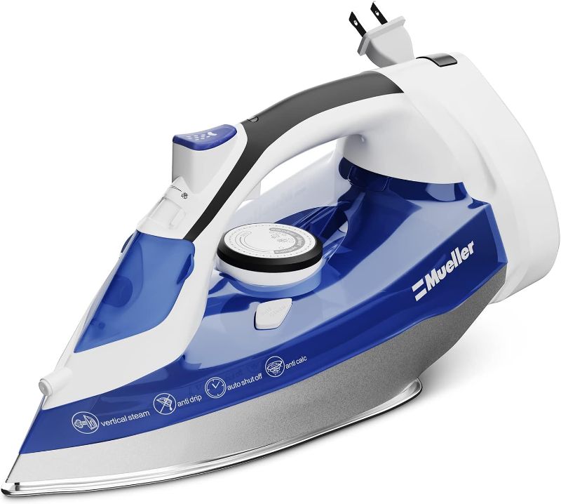 Photo 1 of Mueller Professional Grade Steam Iron, Retractable Cord for Easy Storage, Shot of Steam/Vertical Shot, 8 Ft Cord, 3 Way Auto Shut Off, Self Clean Blue
