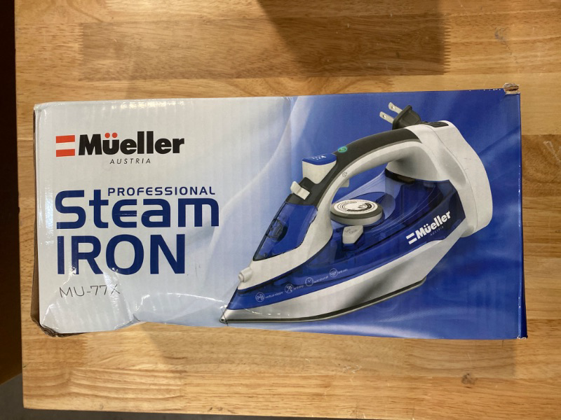 Photo 2 of Mueller Professional Grade Steam Iron, Retractable Cord for Easy Storage, Shot of Steam/Vertical Shot, 8 Ft Cord, 3 Way Auto Shut Off, Self Clean Blue
