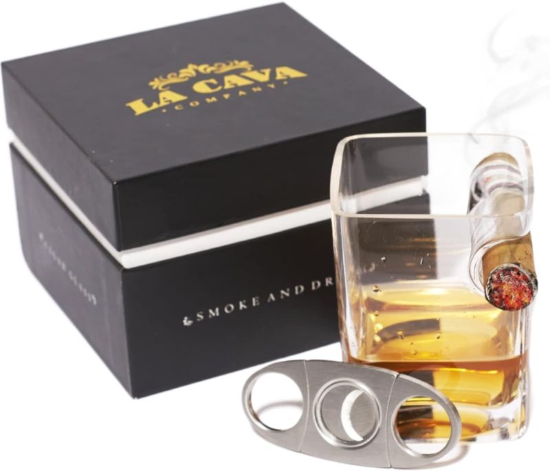 Photo 1 of La Cava Company Cigar Whiskey Glass Set with Holder Rest and Cigar Cutter - Old Fashioned Scotch Bourbon, gifts for husband, father - indented holder
