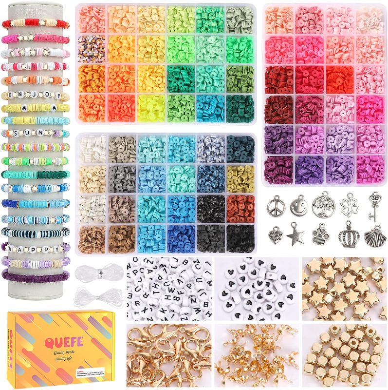 Photo 1 of QUEFE 9000pcs, 72 Colors Clay Beads for Bracelet Making Kit for Girls 8-12, Polymer Heishi Letter Beads for Jewelry Making, for Gifts, Crafts, Preppy
