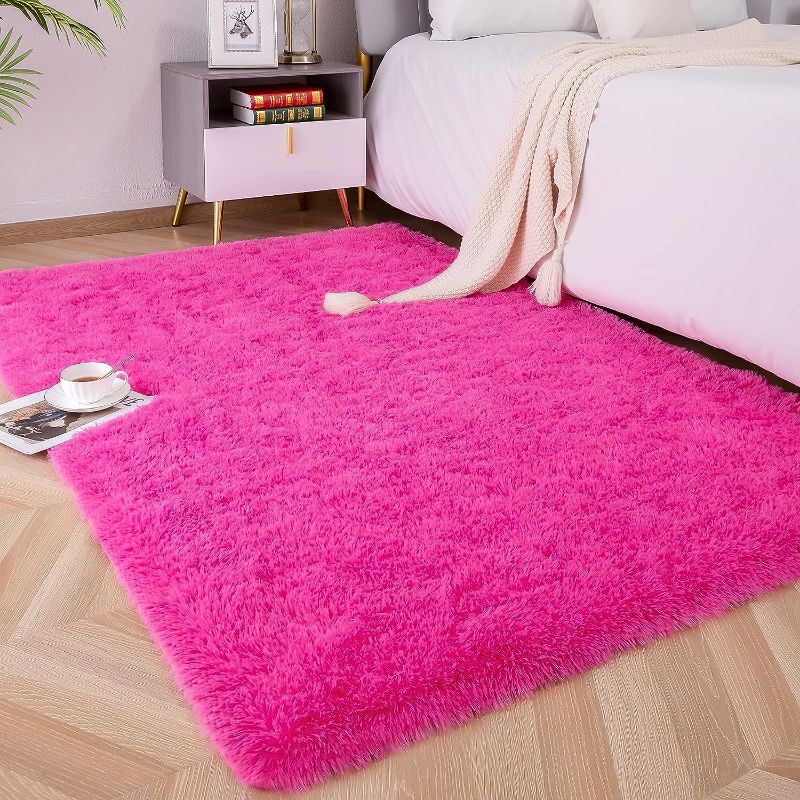 Photo 1 of Soft Fluffy Area Rugs for Bedroom Kids Room Plush Shaggy Nursery Rug Furry Throw Carpets for Boys Girls, College Dorm Fuzzy Rugs Living Room Home Decorate Rug, 4ft x 6ft, Hot Pink
