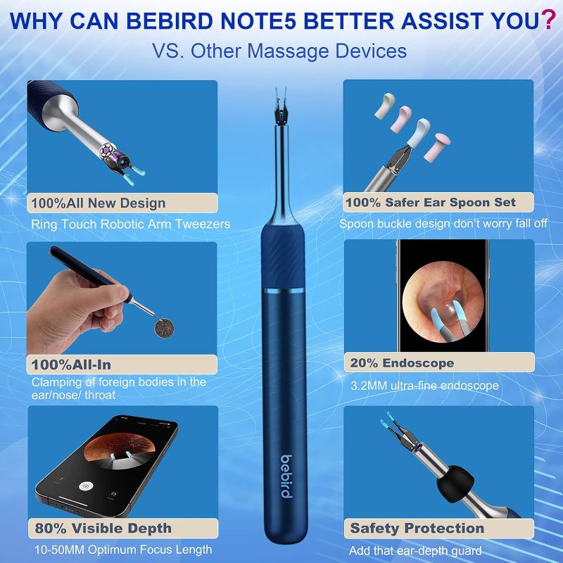Photo 3 of Bebird Pro Note5 Ear Wax Removal Tool Camera, Bebird Ear Cleaner, 10 Megapixel HD Otoscope with Light, Ear Camera with Tweezers 3-in-1, Spade Ear Cleaner for iPhone, Android(Blue?

