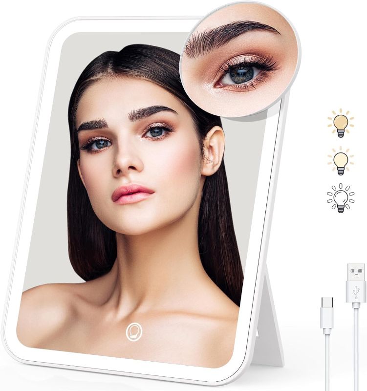 Photo 1 of Naseto Travel Makeup Mirror with Lights & 10X Magnetic Magnification, 9.4"x6.7" Dimmable 3 Color LED Lighted Rechargeable Vanity Mirror with 360° Angle, Portable Compact Cosmetic Mirror for Women
