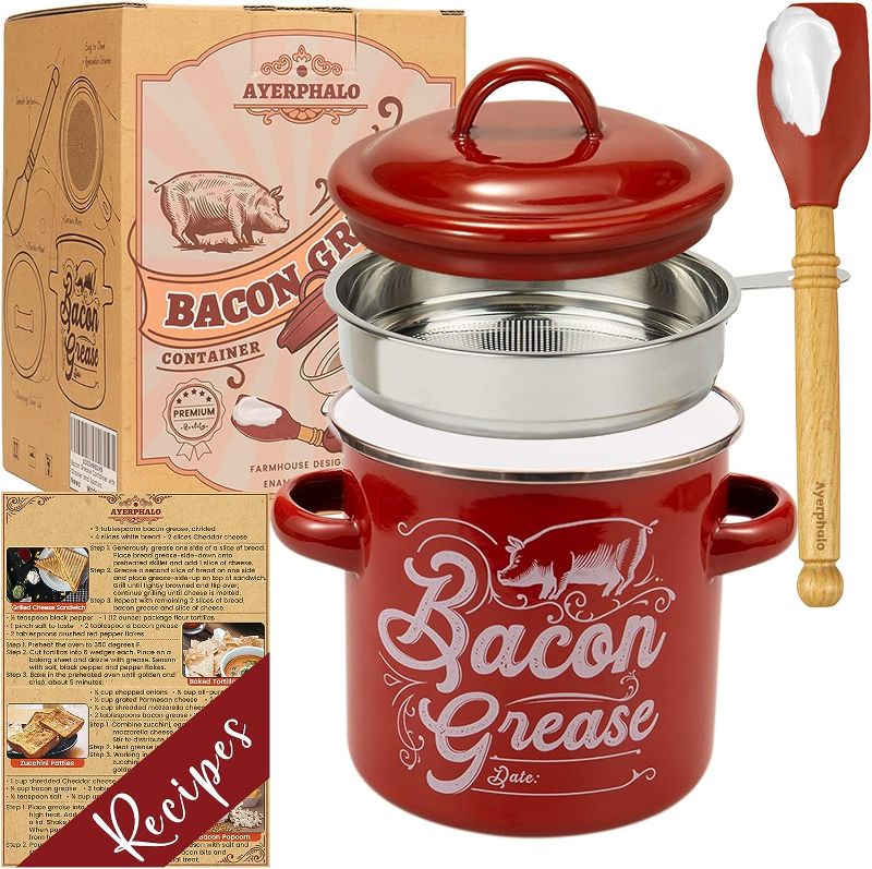 Photo 1 of Ayerphalo Bacon Grease Container with Strainer - 46OZ Large Capacity, With Silicone Wooden Spatula, Enamel Bacon Grease Keeper for Bacon Drippings, Farmhouse Red Kitchen Decor, Dishwasher Safe
