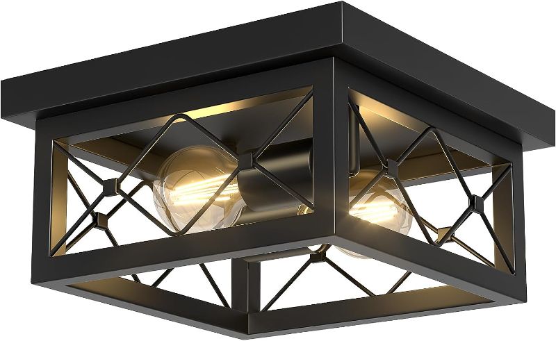 Photo 1 of Aolloa Black Flush Mount Ceiling Light, 2-Light Hallway Light Fixtures Ceiling Mount, E26 Base Close to Ceiling Light with Vintage Metal Square Ceiling Lamp for Kitchen, Living Room, Bedroom
