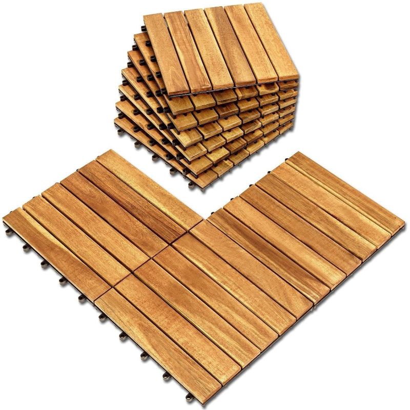 Photo 1 of Interlocking Deck Tile (Pack of 10, 12"x12") Acacia Hardwood Deck Tile, Interlocking Patio Tile in Solid Acacia Wooden Oiled Finish Waterproof all Weather Perfect for Indoor Outdoor(Golden Teak Color)

