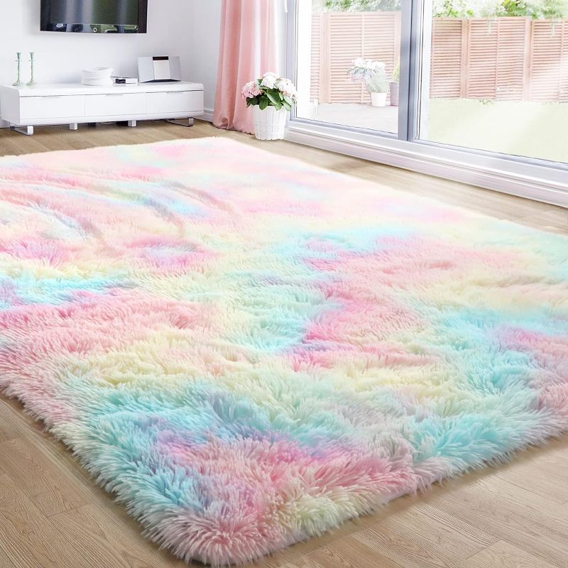 Photo 1 of Rainbow Runner Rugs for Girls Bedroom, Unicorn Room Decor, Pastel Area Rug for Kids, Shag Carpet for Nursery, Soft Play Mat for Baby, Fuzzy Rug for Living Room, Plush Rug for Playroom, Throw Rug 3x5