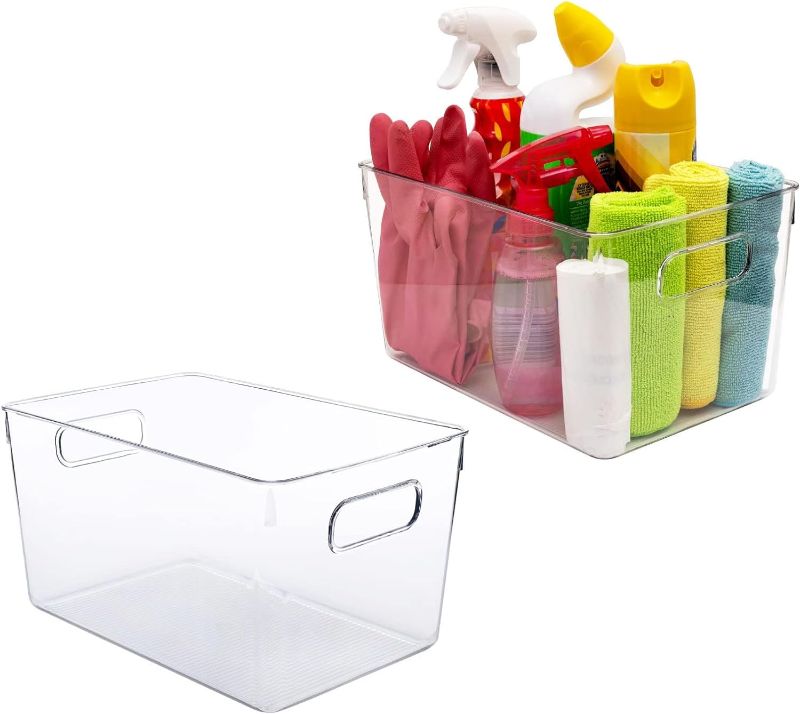 Photo 1 of (2 Pack)Clear Plastic Storage Bins, Perfect for Kitchen Organization or Pantry Organization and Storage, Fridge Organizer Plastic Bins, Pantry Organization and Storage Bins, Cabinet Organizers
