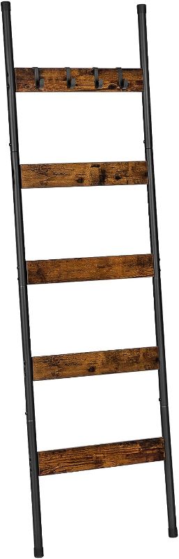 Photo 1 of Blanket Ladder, 5-Tier Towel Rack with Hooks, Wall-Leaning Blanket Rack, Decorative Display Ladder Shelf, Scarves, Industrial, Living Room, Bedroom, Rustic Brown and Black BF52CJ01
