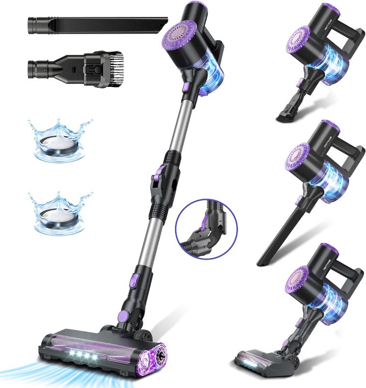 Photo 1 of PRETTYCARE Cordless Vacuum Cleaner, 6 in 1 Lightweight Stick Vacuum Self-Standing with Powerful Suction, 180° Bendable Wand Rechargeable Cordless Vacuum for Hardwood Floor Pet Hair (Purple)
