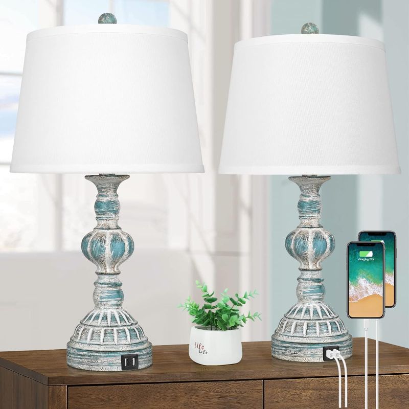 Photo 1 of Farmhouse 3-Way Dimmable Touch Table Lamps with 2 Set of 2 Coastal Bedroom Bedside Reading Lamps, Modern Rustic Nightstand Desk Lamps for Living Room in Washed Blue, LED Bulbs Included
