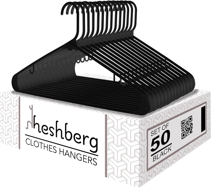 Photo 1 of Heshberg Plastic Hooks Hangers Space Saving Tubular Clothes Hangers Standard Size Ideal for Everyday Use on Shirts, Coats, Pants, Dress, Skirts, Etc. (50 Pack) (Black)
