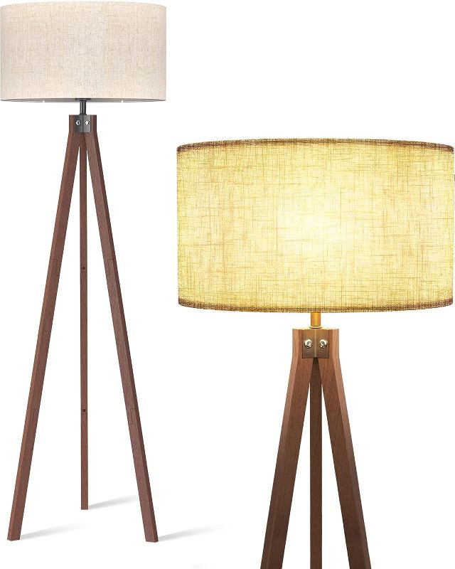 Photo 1 of LEPOWER Wood Floor Lamp Tripod, Modern Design Mid Century Standing Lamps for Living Room,Bedroom and Office, Flaxen Lamp Shade with E26 Lamp Base
