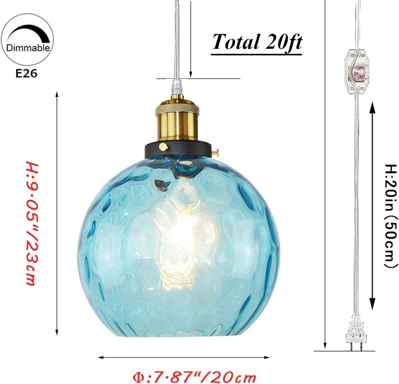 Photo 1 of SKIVTGLAMP Hanging Swag Lamp no Wiring Needed Portable Pendant Light with 20ft Plug-in UL Dimmable Clear Cord Sky Blue Glass Lamp Nordic Minimalist for Dining Room Bulbs Not Included,Customizable