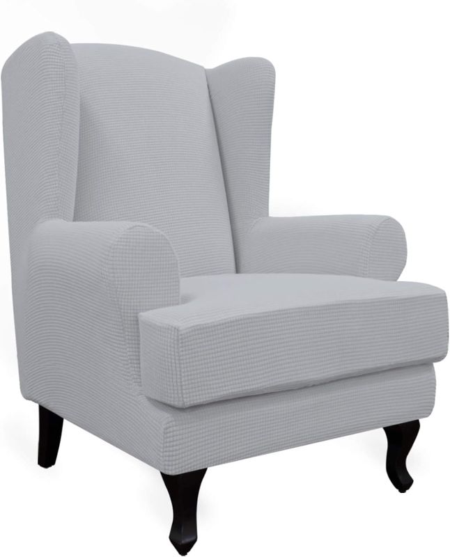 Photo 1 of Easy-Going Stretch Wingback Chair Sofa Slipcover 2-Piece Sofa Cover Furniture Protector Couch Soft with Elastic Bottom, Spandex Jacquard Fabric Small Checks Silver Gray
