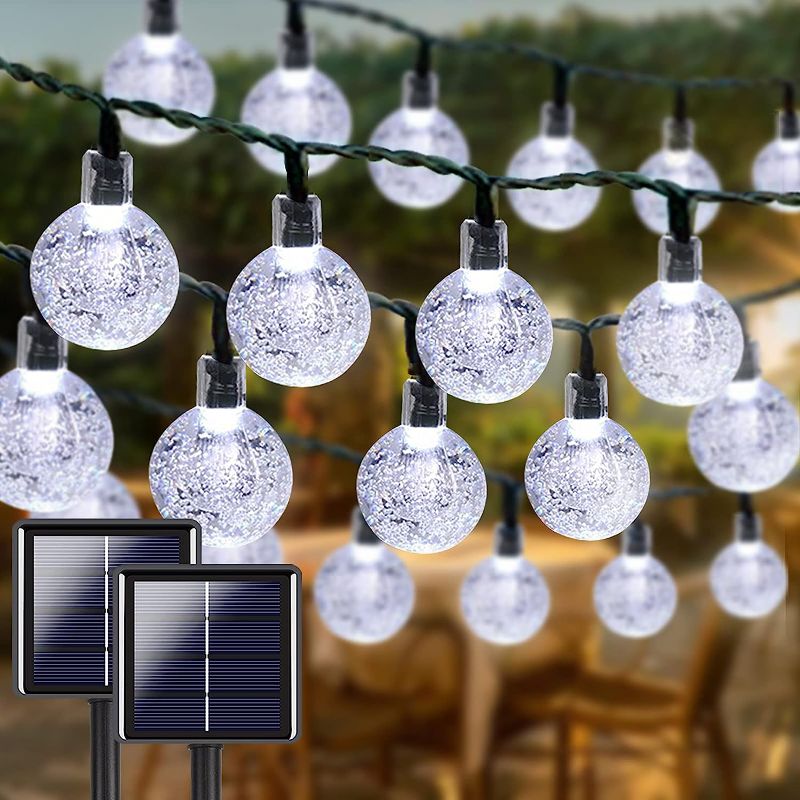 Photo 1 of White 2-Pack 100 LED 64FT Crystal Globe Solar String Lights Outdoor, Waterproof Solar Lights Outdoor Decorative, 8 Lighting Modes Solar Powered Patio Lights for Garden Christmas Wedding Party (White)
