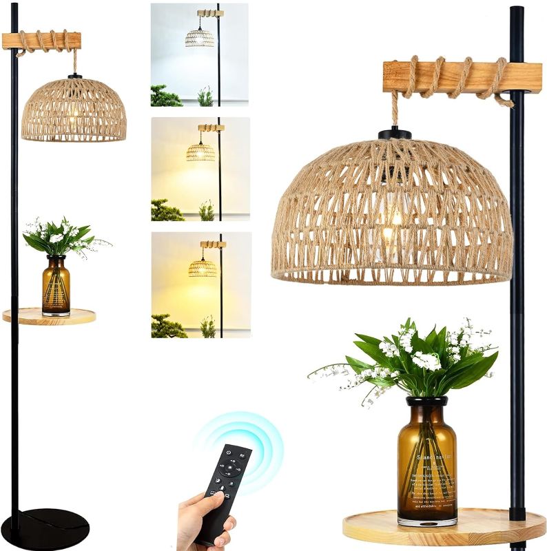 Photo 1 of QIYIZM Floor Lamp with Table and Shelves for Living Room Bedroom Rattan Shelf Floor Lamps with Remote Boho Dimmable Standing Lamp Wicker Bamboo Wood Farmhouse Black Tall Lamp Rustic Floor Light
