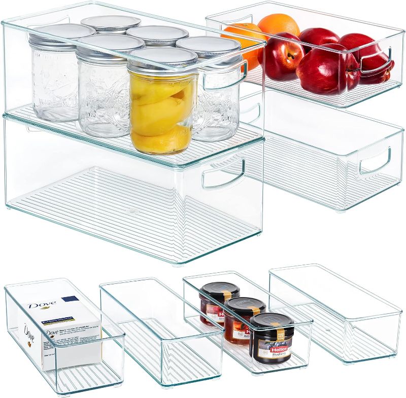 Photo 1 of Hudgan 8 PACK Stackable Pantry Organizer Bins (3 sizes) - Clear Fridge Organizers for Kitchen, Freezer, Countertops, Cabinets - Plastic Food Storage Container with Handles for Home and Office

