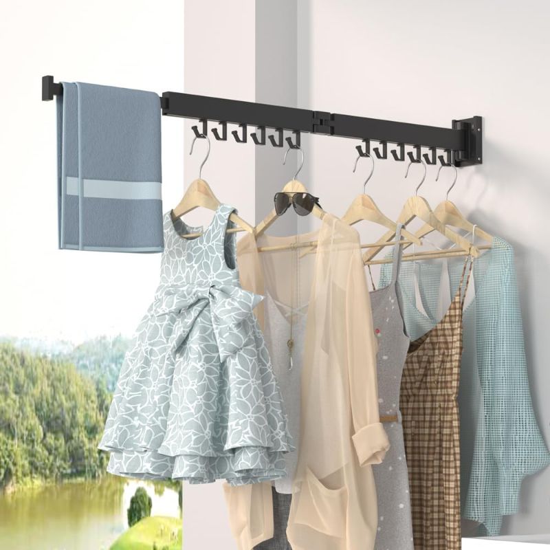 Photo 1 of BHeadCat Clothes Laundry Drying Rack Wall Mounted, Retractable Garment Hanger with Hooks, Easy to Install, Strong Load-Bearing, Tri-Collapsible Clothes Dry Rack for Balcony, Bathroom, Bedroom
