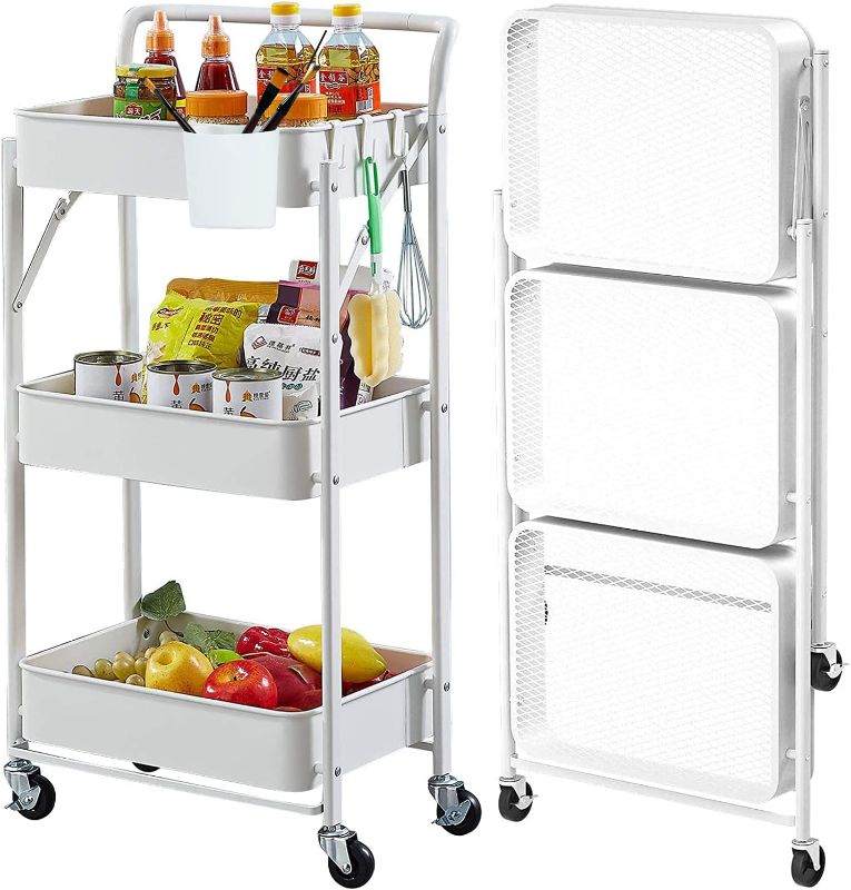 Photo 1 of Foldable Storage Cart 3 Tier Rolling Cart No Assembly Folding Metal Slim Storage Cart with Wheels & Hanging Basket Utility Organizer Cart for Dorm/Kitchen Pantry/Classroom(White)
