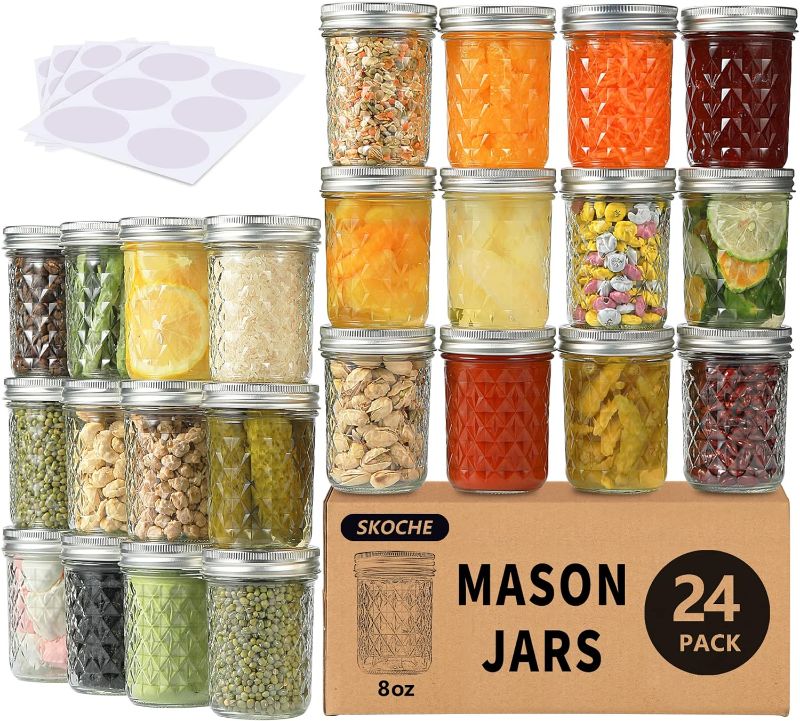 Photo 1 of SKOCHE Mason Jars 8 oz 24 Pack Canning Jars with Airtight Lids and Bands, Ideal for Fermenting, Pickling, DIY Decors, Fruit Preserves, Jam or Jelly, 24 Labels Included
