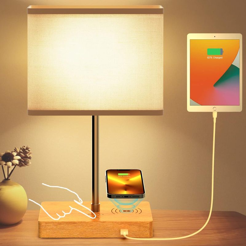 Photo 1 of Table Lamp with Wireless Charging - LED Dimmable Touch Bedside Lamp with USB Port, Small Modern Height Adjustable Nightstand Lamp for Bedroom Living Room Home Office(No Assembly Required)
