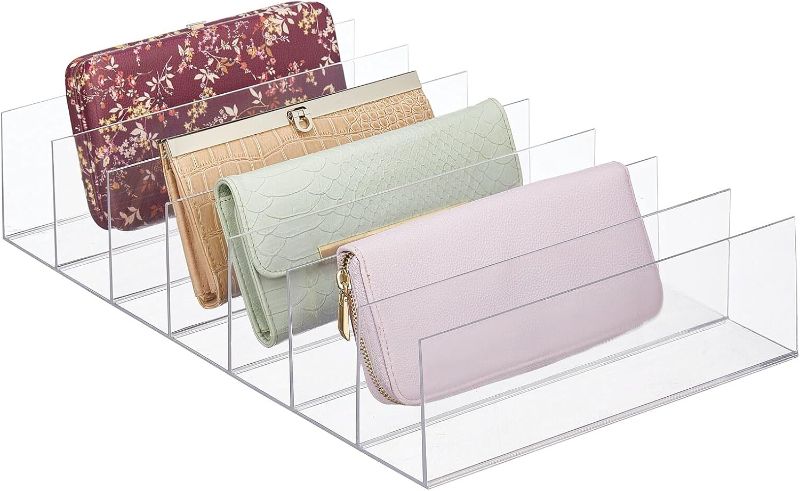Photo 1 of mDesign Plastic Divided Clutch Organizer for Closets, Bedrooms, Dressers - Closet Shelf Storage Solution for Purses, Wallets, Bill Folds, and Accessories - 7 Sections - Lumiere Collection - Clear
