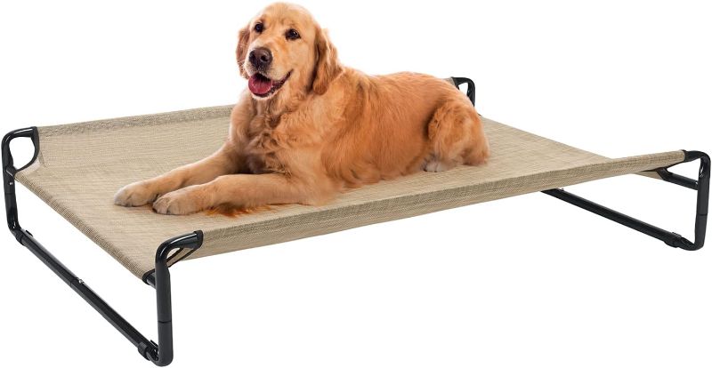 Photo 1 of Veehoo Original Cooling Elevated Dog Bed, Outdoor Raised Dog Cots Bed for Large Dogs, Portable Standing Pet Bed with Washable Breathable Mesh, No-Slip Feet for Indoor Outdoor, Large, Beige Coffee
