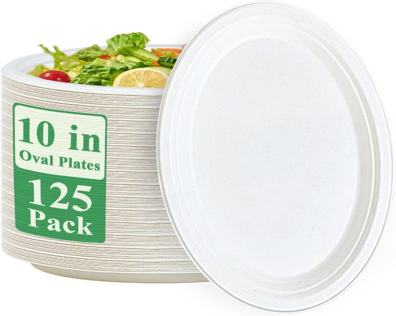 Photo 1 of Vplus 100% Compostable Oval Paper Plates 10 inch 125 Pack Super Strong Disposable Paper Plates Bagasse Natural Biodegradable Eco-Friendly Sugarcane Plates for BBQ, Party, Gathering, and Picnic
