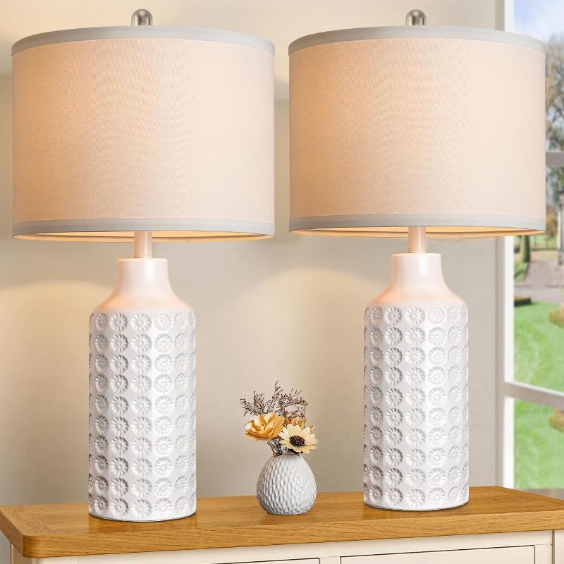 Photo 1 of Farmhouse Table Lamps for Living Room, Set of 2 White Ceramic Bedside Lamps with Fabric Shade, 26" Tall Bedroom Nightstand Lamp, Rotary Contemporary End Table Lamps with E26 Sockets, Bulb not Included

